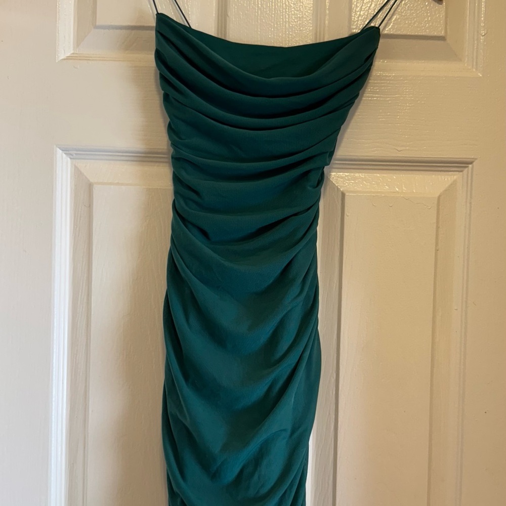 Oh Polly Green Ruched Bodycon Mini Dress - Size US 2 / UK 6